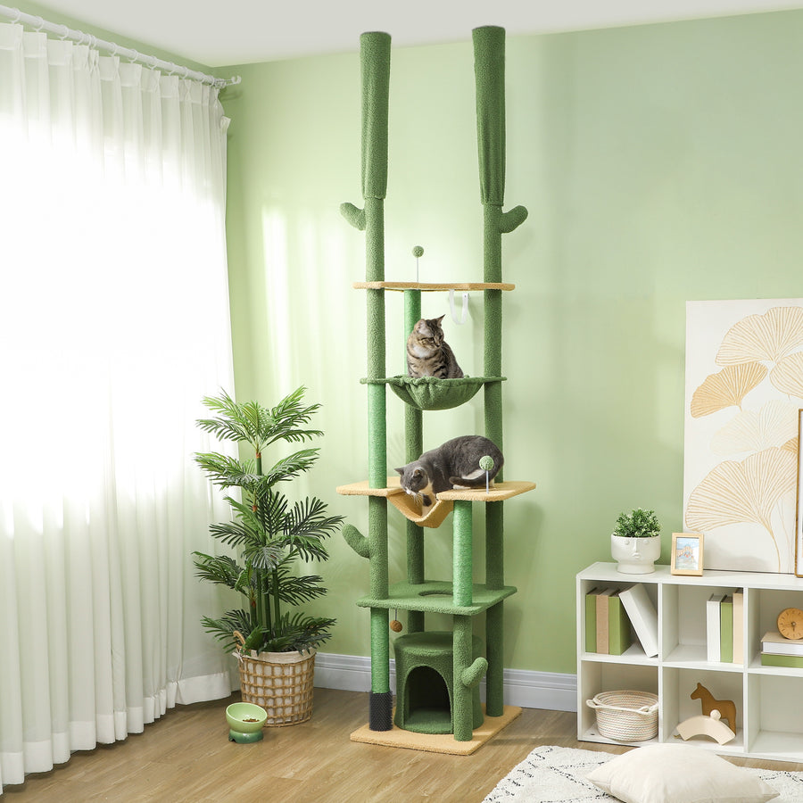 Paws & Palz 89"-100" Floor to Ceiling Cat Tree, Cat Climbing Tower with Grooming Brush Post, Cat Condo, Hammock, Green