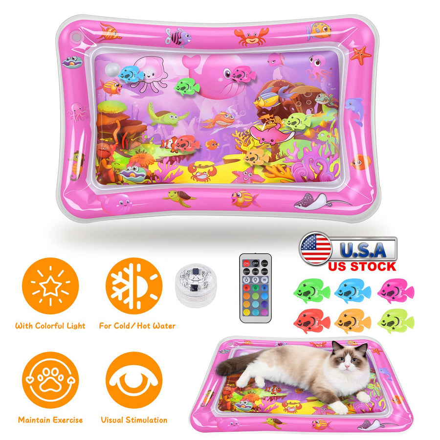 Paws & Palz Cat Water Mat Interactive Sensory Play Mat With Floating Fish Toys LED Color Changing Light Thickened PVC For Indoor Cats Kittens Pet Enrichment