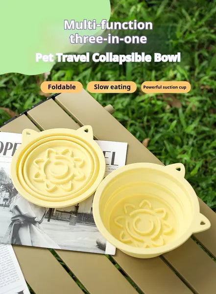 Paws & Palz 3-in-1 Pet Travel Collapsible Bowl Foldable Slow-Feeder With Strong Suction Cups  Portable Silicone Dog Bowl With Hook For Hanging On Collar-Backpack